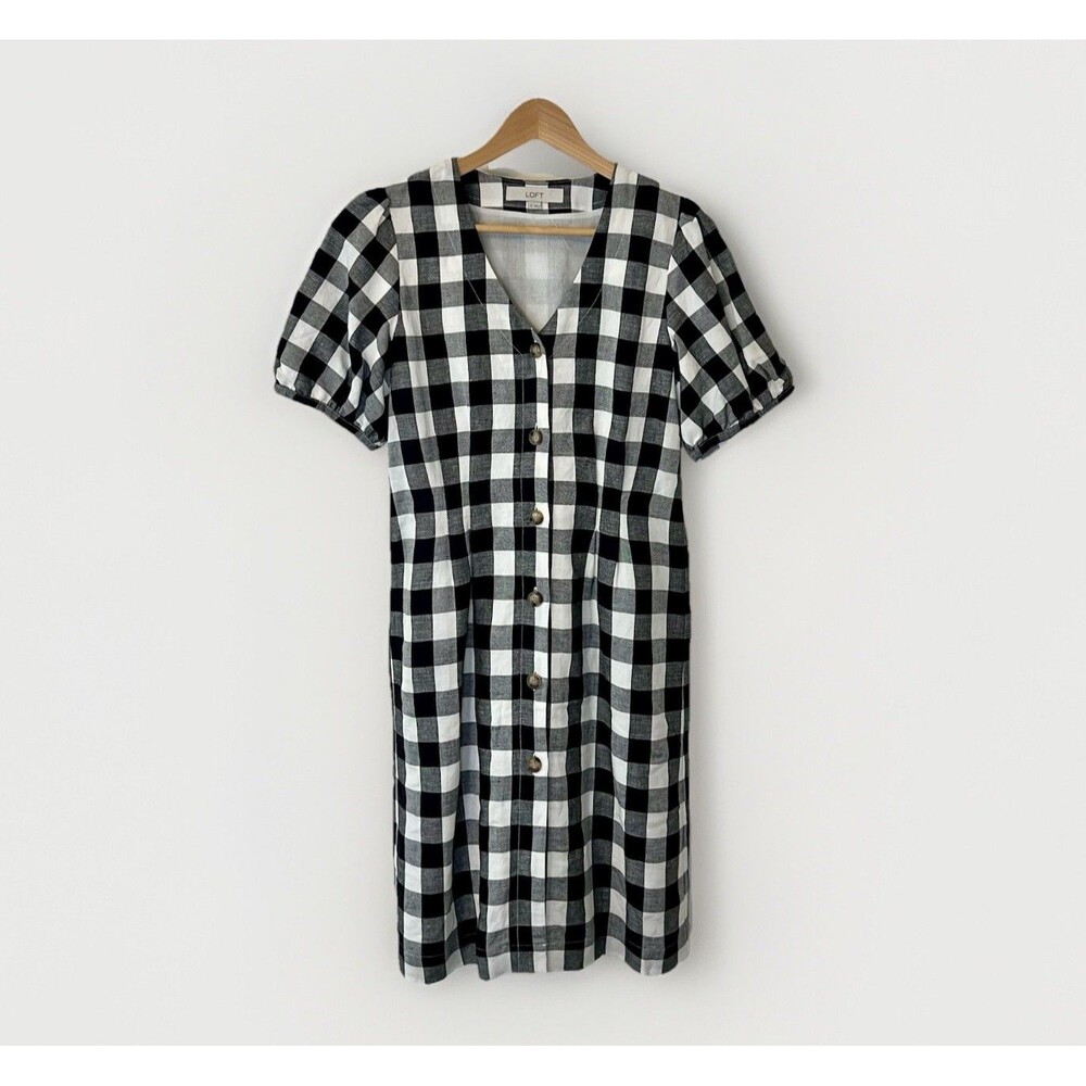 Loft Linen Blend Gingham Mini Dress Size 0 NWOT Black White Button Front Summer - Picture 3 of 9